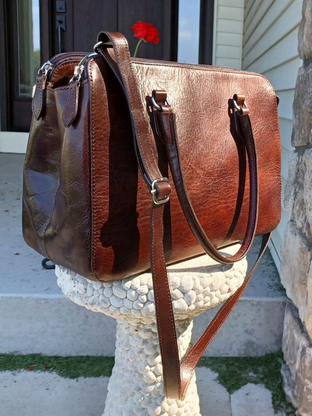 Valentina Italian leather satchel/tote bag in chocolate brown color